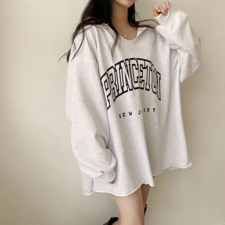 Letter Print Oversized Hooded Long Sleeve Tee - fairypeony