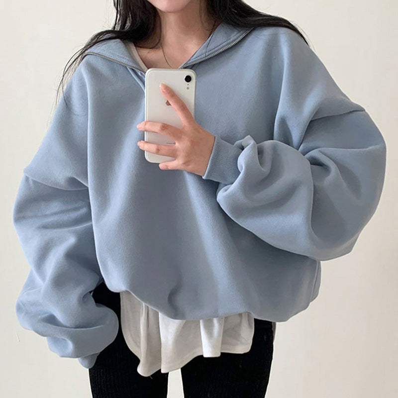 Solid Color Half Zip Up Oversized Sweatshirt - fairypeony