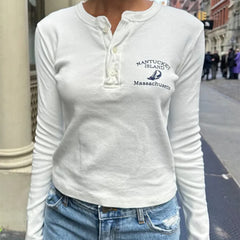 Vintage Embroidered Letter Button Long Sleeve Tee