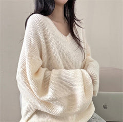 Solid Color V-Neck Oversized Sweater