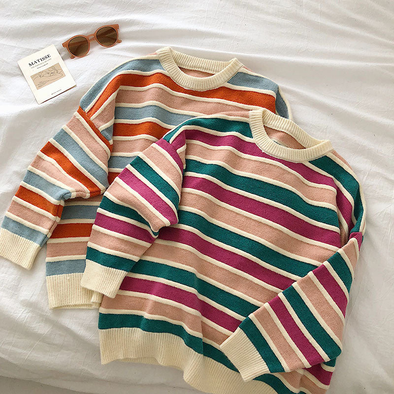New Korean fan chic small color matching striped sweater - fairypeony