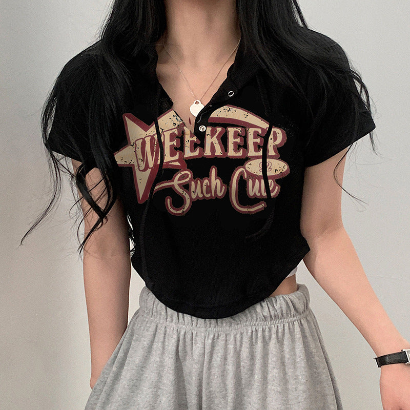 Star Logo Print Hooded Rib Crop Top - fairypeony
