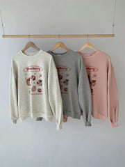 Crewneck Strawberry Print Loose Cotton Sweatshirt Pullover