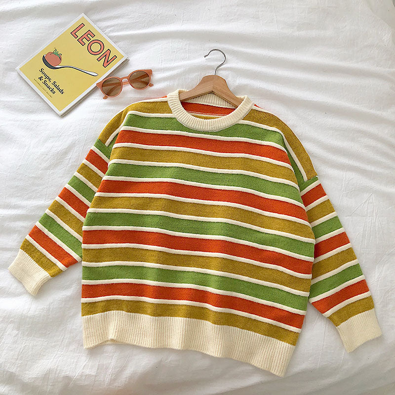 New Korean fan chic small color matching striped sweater - fairypeony