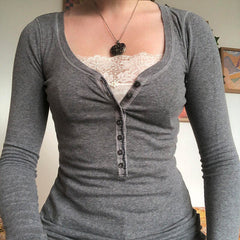 Patchwork Lace Buttoned Long Sleeve Tee