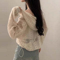 Jacquard Drawstring Thin Knitted Hooded Zipper Cardigan