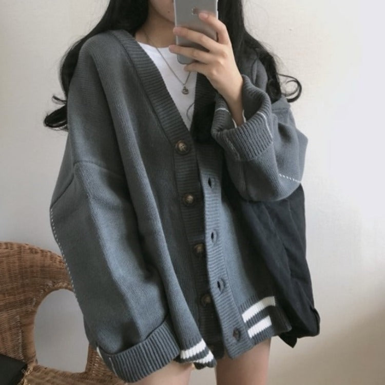 Preppy Striped Loose V Neck Knit Cardigan