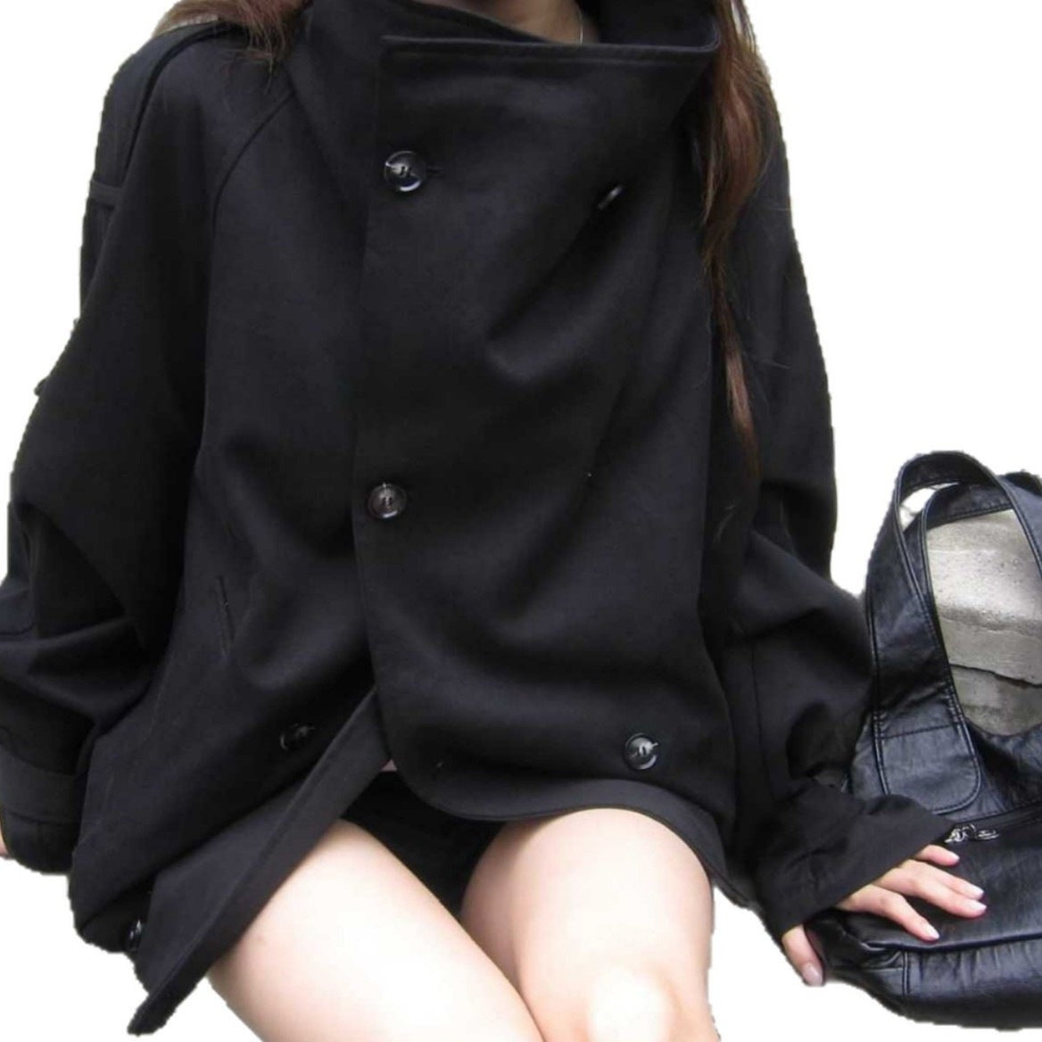 Oversized stand collar double-breasted jacket in black (color 2) on white background