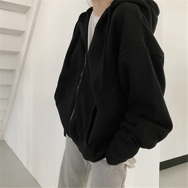Solid Color Zip Up Oversized Hoodie - fairypeony