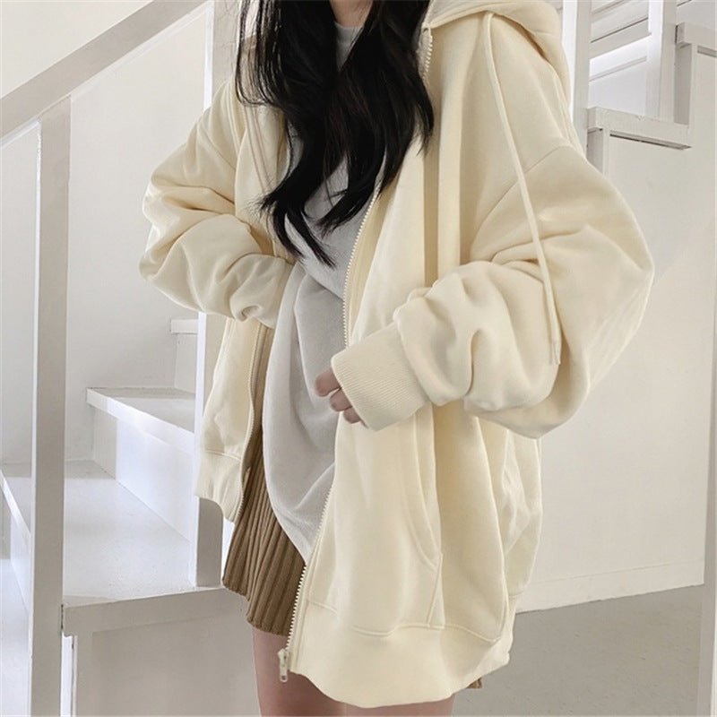 Solid Color Zip Up Oversized Hoodie - fairypeony