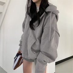 Solid Color Zip Up Oversized Hoodie - fairypeony