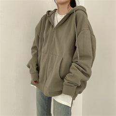 Solid Color Zip Up Oversized Hoodie - fairypeony