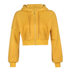 Solid Color Casual Zip Up Cropped Hoodie
