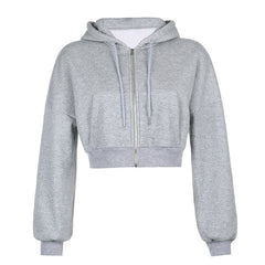 Solid Color Casual Zip Up Cropped Hoodie