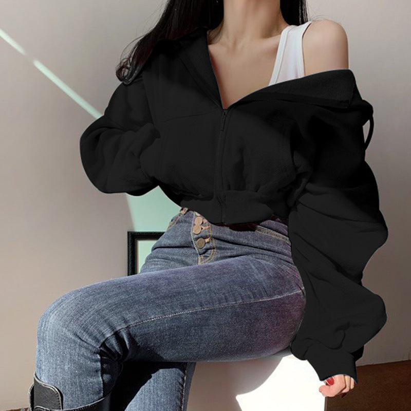 Solid Color Casual Zip Up Cropped Hoodie