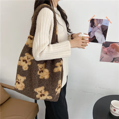 Fuzzy Teddy Bear Reversible Shoulder Bag