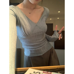 Lace Trim V Neck Slim Long Sleeve Knit Tee