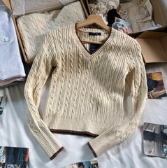 2000s Cream Cable Knit V-Neck Sweater – Preppy Brown Contrast Trim Pullover One Size
