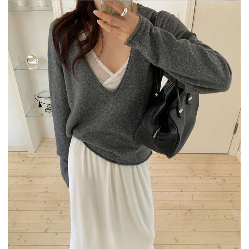 Women V-Neck Long Sleeve Solid Casual Knit Sweater