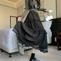 Solid Color Lace Patchwork Ruffled Maxi Skirt