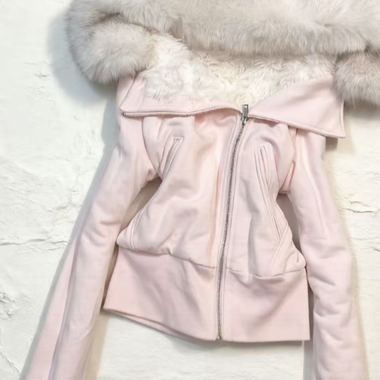 2000s Vintage Faux Fur Hooded Fleece-Lined Jacket – Slim Fit Zip-Up Cropped Coat