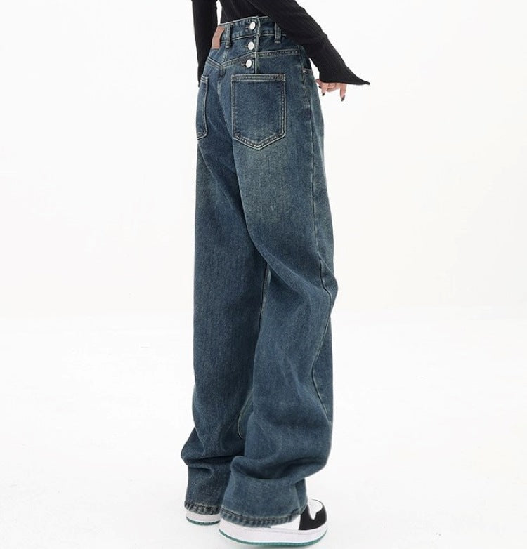 Three Button Baggy Wide Leg Boyfriend Jeans - fairypeony