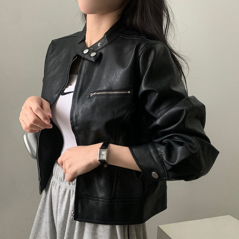Zip Up Stand Collar Biker's Leather Jacket
