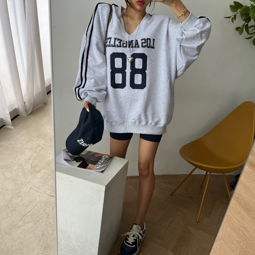 Letter Print Piping V-Neck Oversized Sweatshirt - fairypeony