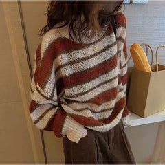 Contrast Color Striped Thin Sweater - fairypeony