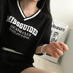 V-neck Oversized Short sleeve Tee Two-piece Set - fairypeony