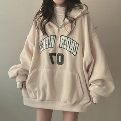 Letter Print Half Zip Oversized Hoodie - fairypeony