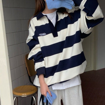 Vintage Polo Collar Striped Oversized Tee - fairypeony