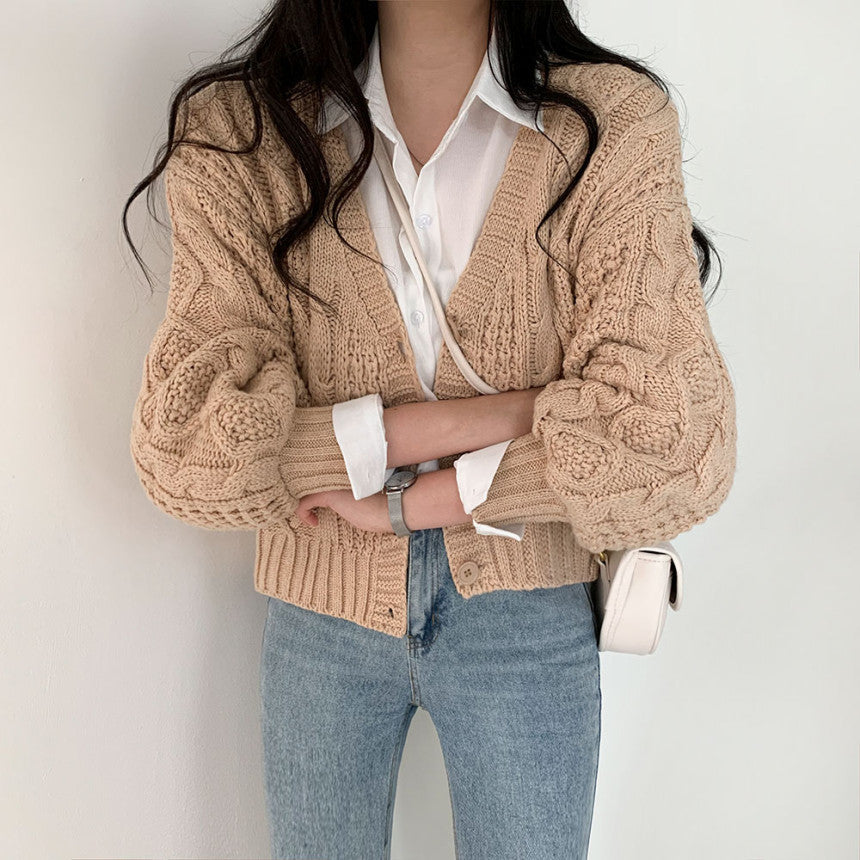 Cable Knit Button Down Cardigan - fairypeony