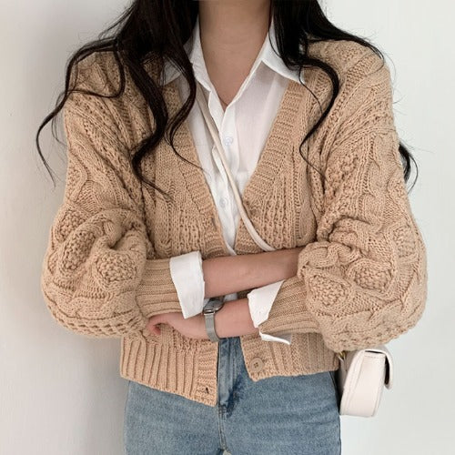 Cable Knit Button Down Cardigan - fairypeony