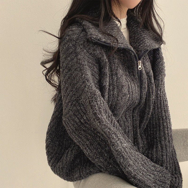 Cable Knit Oversized Zip Up Cardigan - fairypeony
