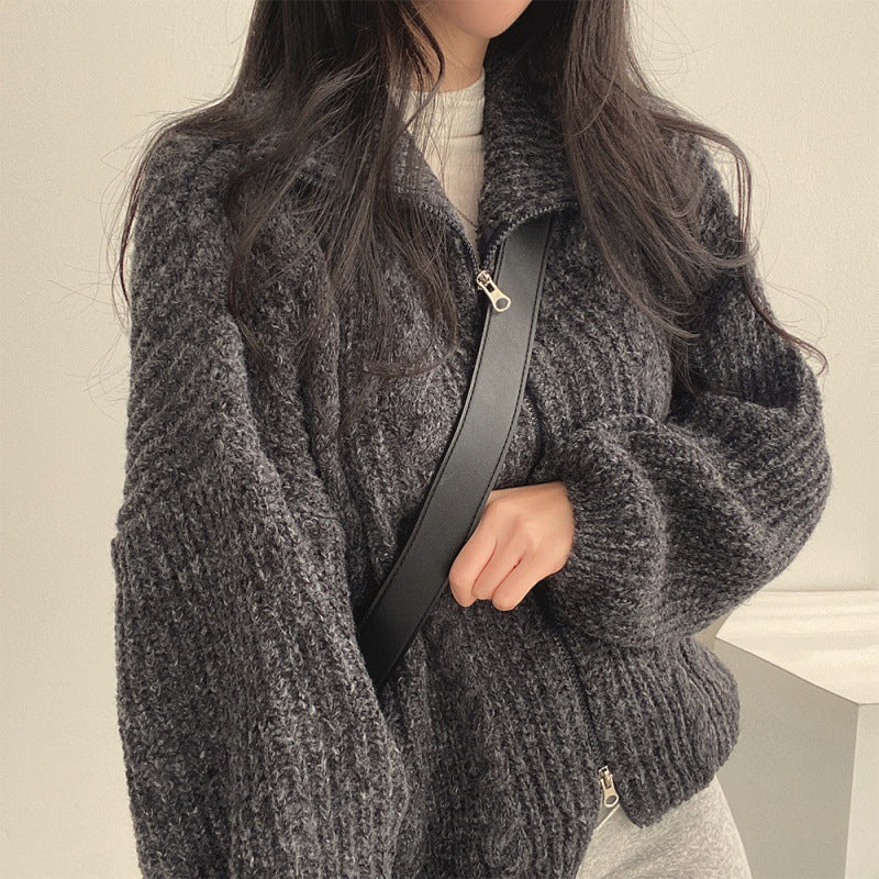 Cable Knit Oversized Zip Up Cardigan - fairypeony