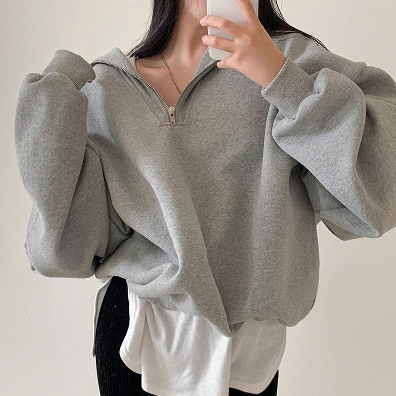 Solid Color Half Zip Up Oversized Sweatshirt - fairypeony
