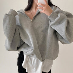 Solid Color Half Zip Up Oversized Sweatshirt - fairypeony