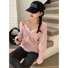 Women V-Neck Long Sleeve Solid Casual Knit Sweater