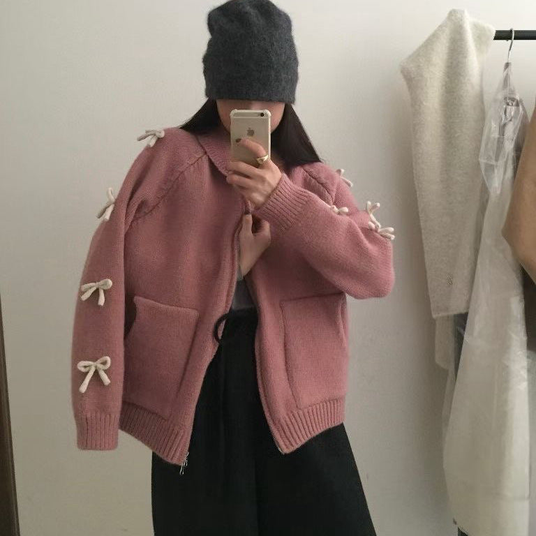 Bow Lazy Cardigan All-matching Lapel Zipper Sweater Coat - fairypeony