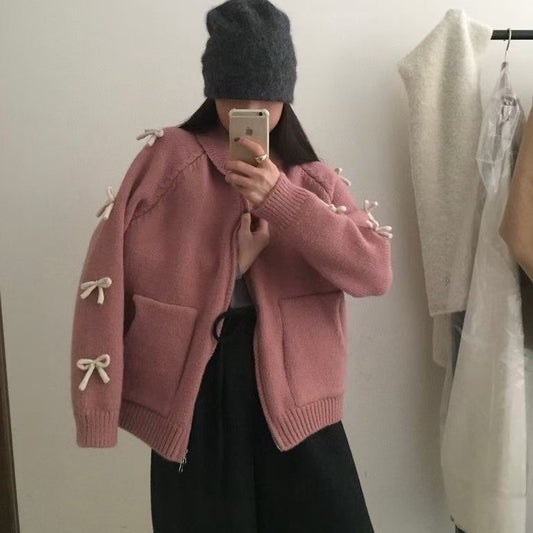 Bow Lazy Cardigan All-matching Lapel Zipper Sweater Coat - fairypeony
