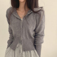 Solid Color Zip Up Waist  Trimming Hooded Cardigan
