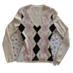 2000s Argyle Diamond Knitted Sweater – V-Neck Preppy Pullover in Pink S–L