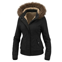 2000s Retro Fleece-Lined Hooded Jacket – Fur Trim Zip-Up Bomber in Black S–XL