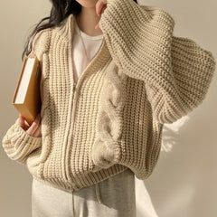 Cable Knit Loose Zip Up Cardigan