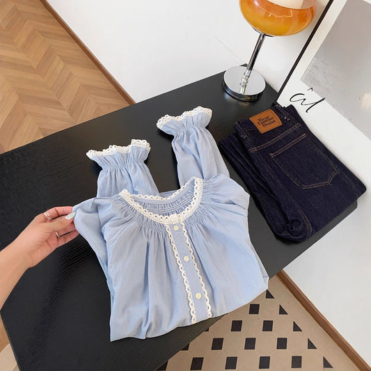 Korean Style Ruffled Patchwork Blouse - fairypeony