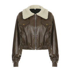 Vintage Fur Collar Pu Leather Zip Up Jacket