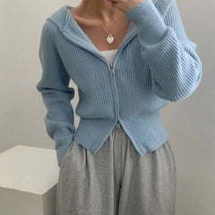 Double-headed Zipper Solid Color Hooded Cardigan