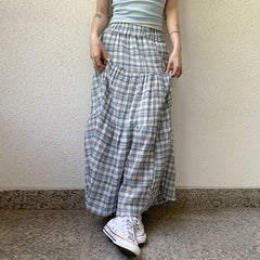 Aesthetic Plaid Print Umbrella Maxi Skirt