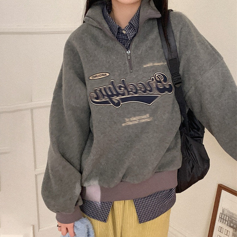 Half-Zip Fleece Sweatshirt Lapel Collar Loose Fit Long Sleeve Top
